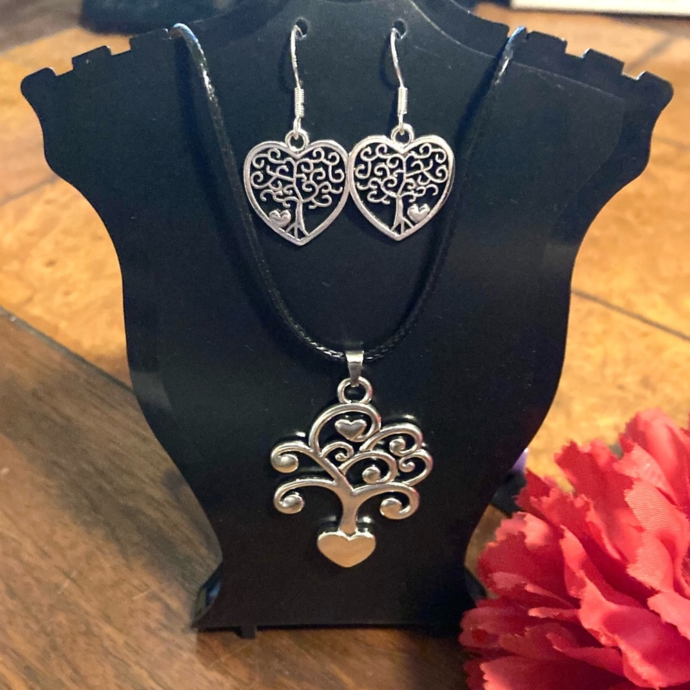 Handmade Tree of Life Heart Silver Alloy Earrings and Necklace Jewelry Set
